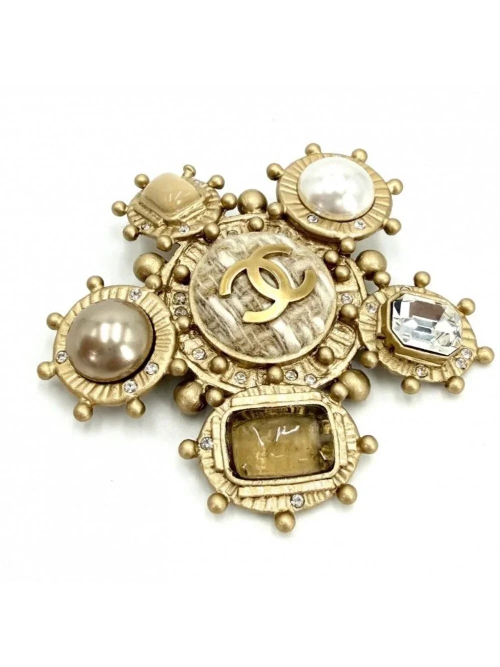 Chanel Big Brooch CC Logo Tweed Bijou Faux Pearl Rhinestone